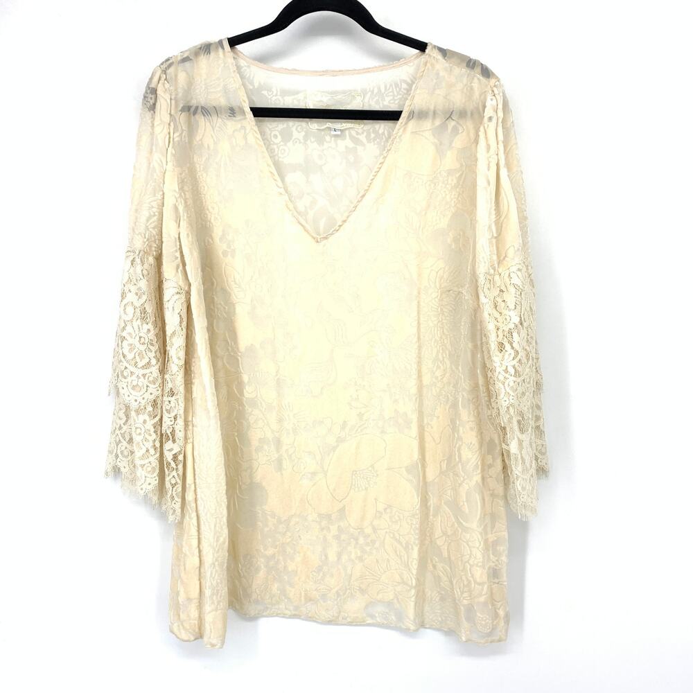 Love Johnny Was Tunic Women L Silk Rayon Burnout Floral Lace Bell Sleeve Ivory